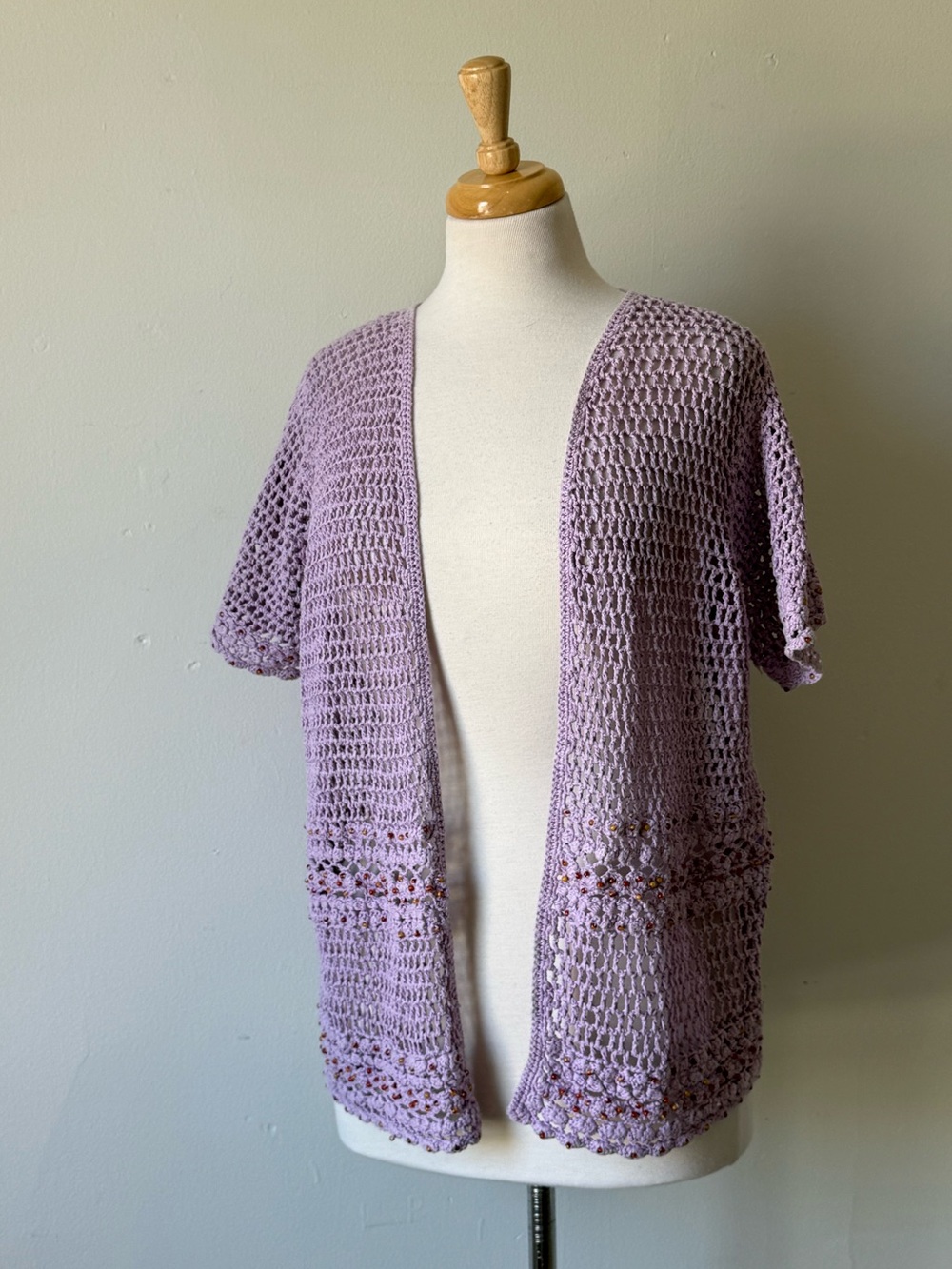 Boho Crochet Amber Beaded Open Cardigan | Lavender Cotton Ramie